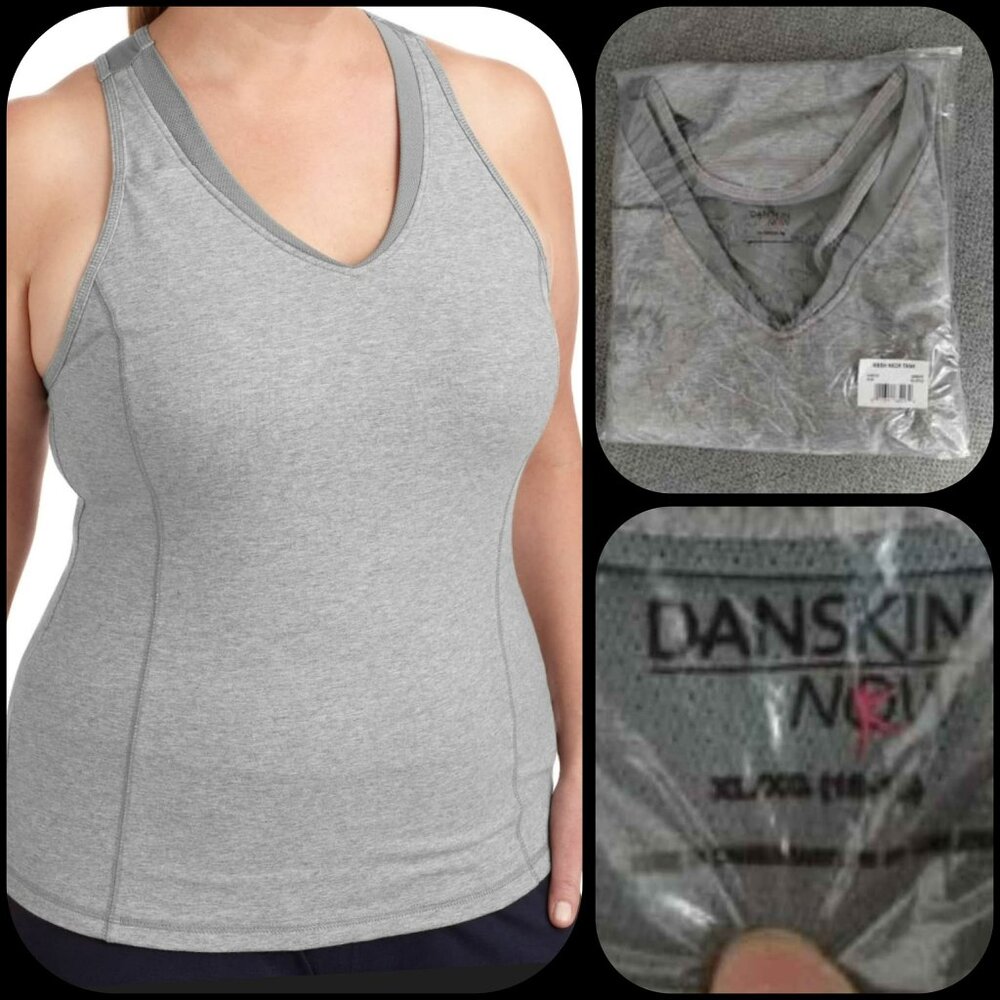 SIZE XL DANSKIN NOW shirt racerback tank built in bra grey v-neck